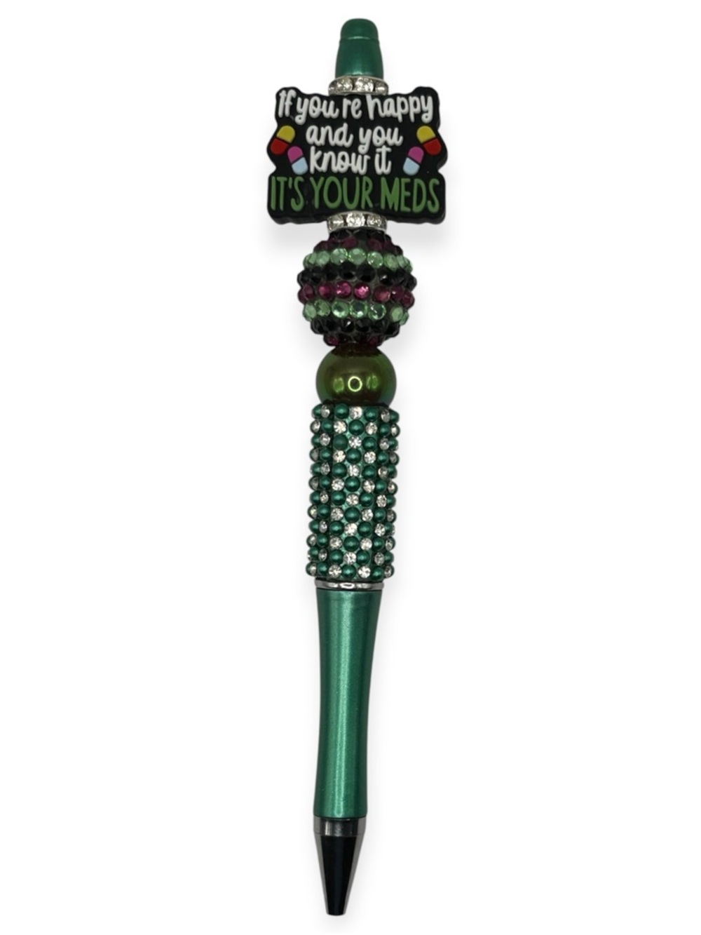 Handcrafted 'It's Your Meds' Topper Beaded Pen in Green